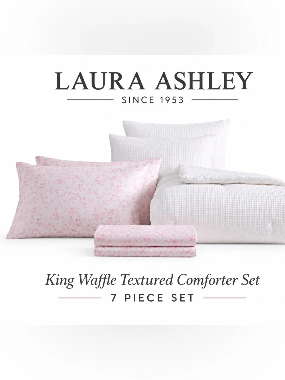 Laura Ashley Waffle Textured Pink King Comforter Sheet Set 7 Pc Bedding